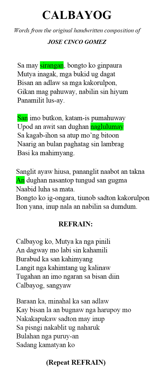 “CALBAYOG,” A SONG BY JOSE CINCO GOMEZ Adopted as Official hymn of Calbayog City